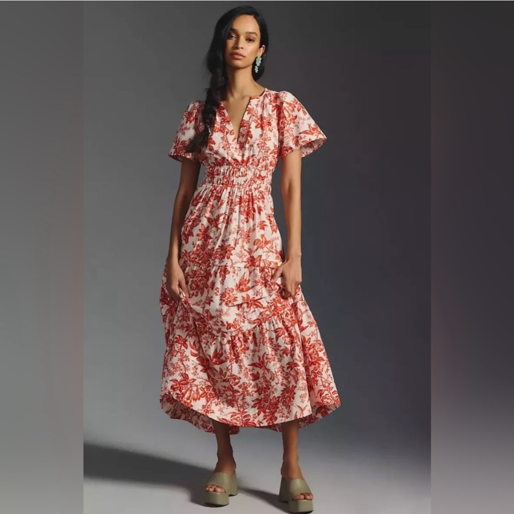 Anthropologie Red and White Floral Midi Dress